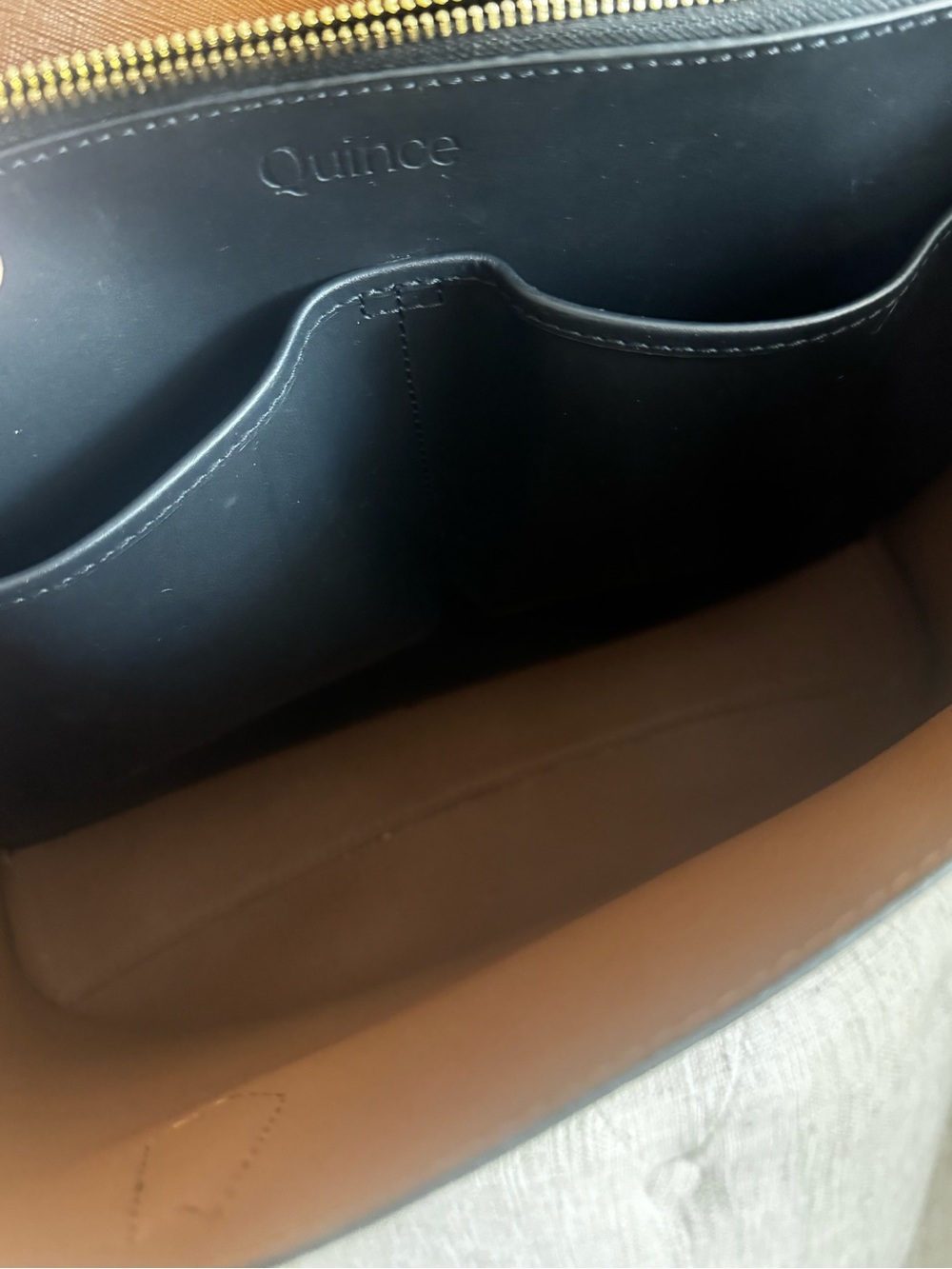 Triple Compartment Quince Italian Leather Black work tote bag - Picture 6 of 16